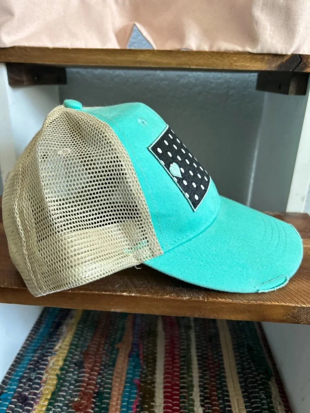 Hooey Rapid City South Dakota Trucker Hat Turquoise Tan Distressed Snapback Cap